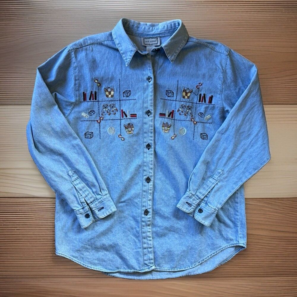 🔥90s Vintage Jane Ashley Western Boho School Embroidered Denim Button Shirt L